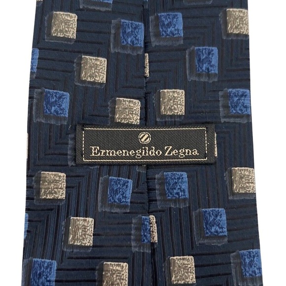 Ermenegildo Zegna Tie Mens Blue Tan Square Geometric Silk Luxury Business - Picture 10 of 11